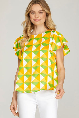 Women’s Geometric Print Flutter Sleeve Blouse – Lightweight Round Neck Casual Top