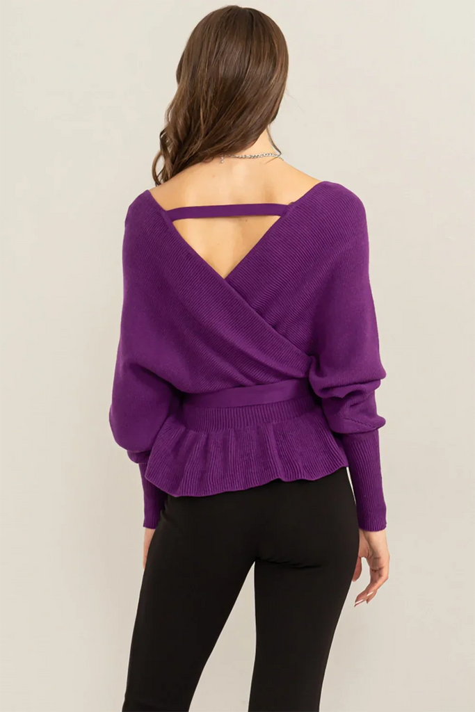 Women’s Wrap Knit Top – Deep V Surplice, Adjustable Waist Tie, Lantern Sleeves & Ribbed Peplum Hem