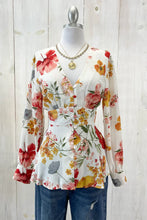 Load image into Gallery viewer, Women’s Floral Button-Front Blouse – V-Neck, Adjustable Tie Waist, Peplum Flare, Elastic Cuff Long Sleeves