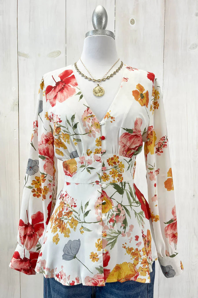 Women’s Floral Button-Front Blouse – V-Neck, Adjustable Tie Waist, Peplum Flare, Elastic Cuff Long Sleeves