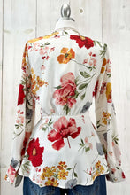 Load image into Gallery viewer, Women’s Floral Button-Front Blouse – V-Neck, Adjustable Tie Waist, Peplum Flare, Elastic Cuff Long Sleeves