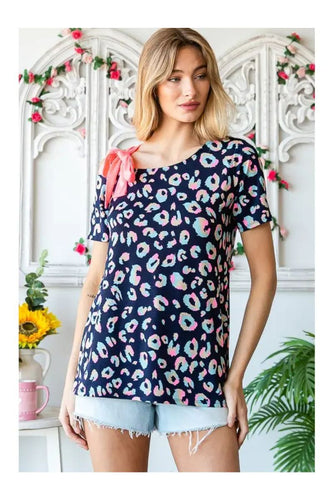 Women’s Printed Bow-Detail Short Sleeve Top – Round Neck Loose Casual Blouse