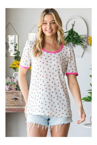 Women’s Ditsy Floral Tee – Contrast Trim Round Neck Short-Sleeve Knit Top