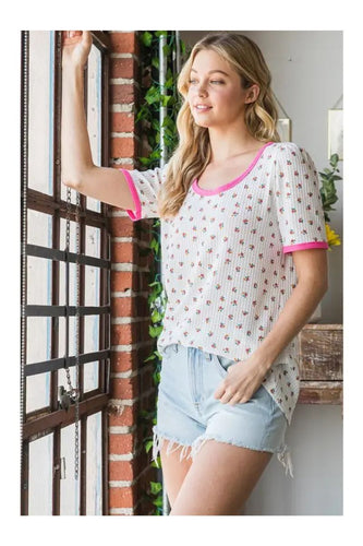 Women’s Ditsy Floral Tee – Contrast Trim Round Neck Short-Sleeve Knit Top