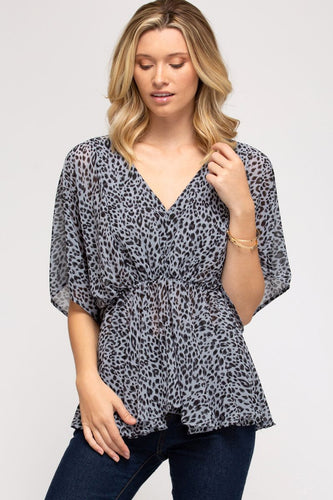 Women’s Leopard Print Chiffon Blouse – V-Neck Batwing Sleeves with Drawstring Waist & Flounce Hem