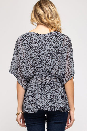 Women’s Leopard Print Chiffon Blouse – V-Neck Batwing Sleeves with Drawstring Waist & Flounce Hem