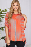 Women’s Vertical Stripe Button-Down Blouse – Dolman Short Sleeves, High–Low Hem, Relaxed Fit