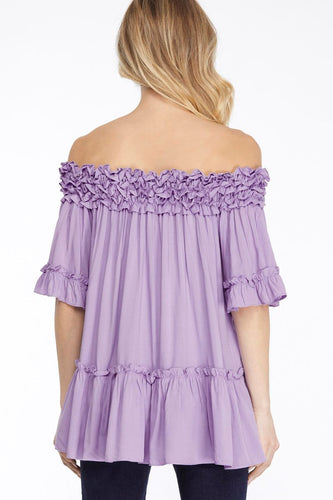 Women’s Off-Shoulder Ruffled Tunic Top – Smocked Neckline, Puff Mid Sleeves & Flowy A-Line Fit