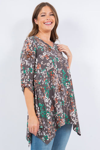 Women’s Printed Handkerchief-Hem Tunic – V-Neck, Roll-Tab 3/4 Sleeves, Flowy A-Line Silhouette