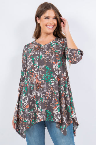 Women’s Printed Handkerchief-Hem Tunic – V-Neck, Roll-Tab 3/4 Sleeves, Flowy A-Line Silhouette