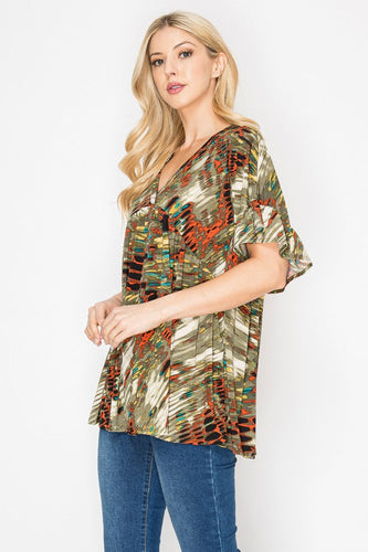 Women’s V-Neck Printed Swing Blouse – Dolman Sleeves, Front Pleats & Long A-Line Silhouette