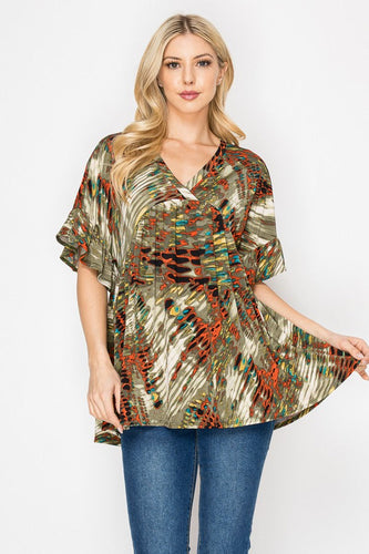 Women’s V-Neck Printed Swing Blouse – Dolman Sleeves, Front Pleats & Long A-Line Silhouette
