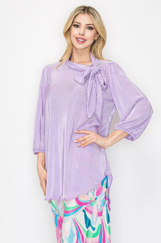 Women’s Pleated Tie-Neck Blouse – 3/4 Puff Sleeves, High–Low Hem, Relaxed Dressy Top