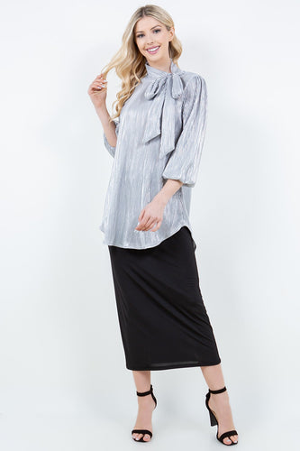 Women’s Pleated Tie-Neck Tunic Blouse – 3/4 Puff Sleeves, High–Low Hem, Fluid Relaxed Fit