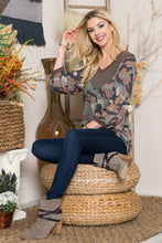 Load image into Gallery viewer, Women’s Camo Print V-Neck Patchwork Long-Sleeve Top – Soft Stretch Knit, Tunic Length, Easy Everyday Style