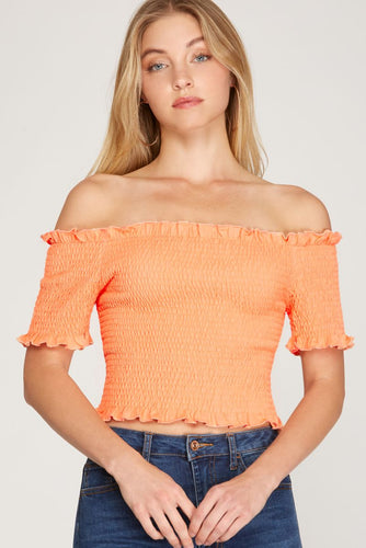 Women’s Off-Shoulder Smocked Crop Top – Ruffle Trim Short Sleeve Slim-Fit Tee