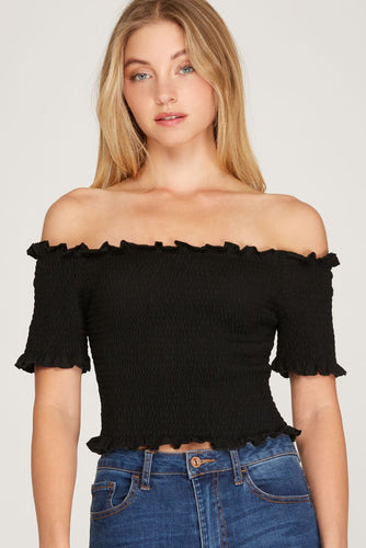 Women’s Off-Shoulder Smocked Crop Top – Ruffle Trim Short Sleeve Stretch Tee