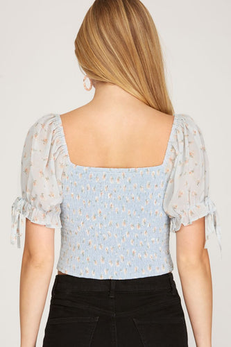 Square-Neck Puff-Sleeve Cropped Blouse – Smocked Waist, Tie Cuffs & Floral Print