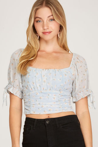 Square-Neck Puff-Sleeve Cropped Blouse – Smocked Waist, Tie Cuffs & Floral Print