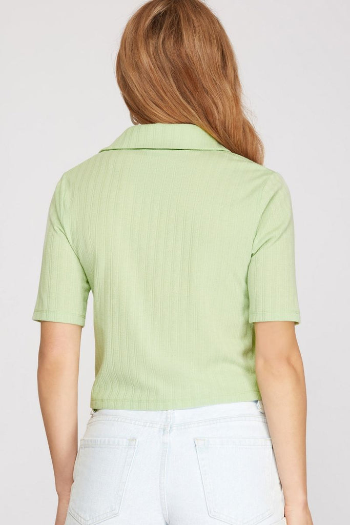 Women’s Ribbed Knit Polo Crop Top – Short Sleeve, Slim-Fit, Everyday Essential