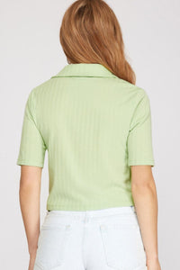 Women’s Ribbed Knit Polo Crop Top – Short Sleeve, Slim-Fit, Everyday Essential