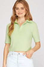 Load image into Gallery viewer, Women’s Ribbed Knit Polo Crop Top – Short Sleeve, Slim-Fit, Everyday Essential