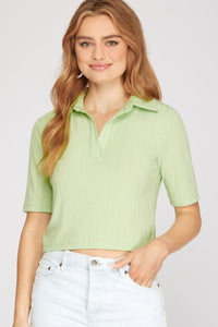 Women’s Ribbed Knit Polo Crop Top – Short Sleeve, Slim-Fit, Everyday Essential