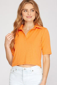 Short Sleeve Collared Knit Crop Top for Women – Casual Slim Fit Ribbed Polo Style