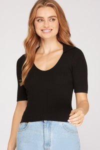 Women’s Ribbed Knit Polo Top with Deep U Neck – Short Sleeve, Slim Fit, Cropped Style