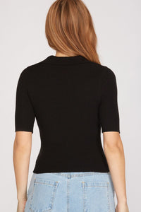 Women’s Ribbed Knit Polo Top with Deep U Neck – Short Sleeve, Slim Fit, Cropped Style