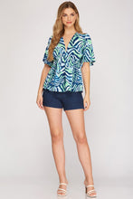 Load image into Gallery viewer, Women’s Printed Chiffon Blouse – Deep V-Neck Smocked Empire Waist Top with Flutter Sleeves