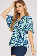 Load image into Gallery viewer, Women’s Printed Chiffon Blouse – Deep V-Neck Smocked Empire Waist Top with Flutter Sleeves