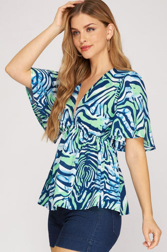 Women’s Printed Chiffon Blouse – Deep V-Neck Smocked Empire Waist Top with Flutter Sleeves