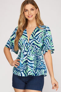 Women’s Printed Chiffon Blouse – Deep V-Neck Smocked Empire Waist Top with Flutter Sleeves