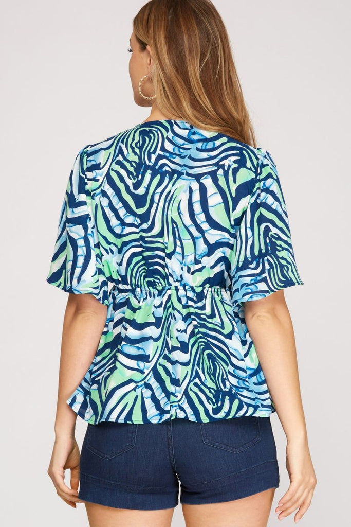 Women’s Printed Chiffon Blouse – Deep V-Neck Smocked Empire Waist Top with Flutter Sleeves