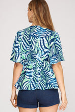 Load image into Gallery viewer, Women’s Printed Chiffon Blouse – Deep V-Neck Smocked Empire Waist Top with Flutter Sleeves