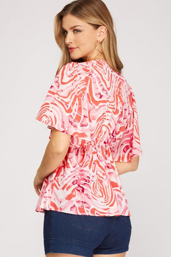 Women’s Printed Chiffon Blouse – V-Neck Smocked Empire Waist with Flutter Sleeves