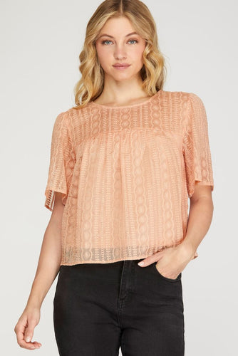 Women’s Lace Eyelet Short-Sleeve Blouse – Relaxed Boxy Fit Round Neck Top