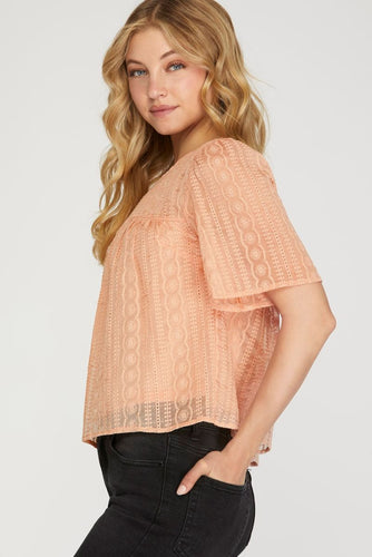 Women’s Lace Eyelet Short-Sleeve Blouse – Relaxed Boxy Fit Round Neck Top