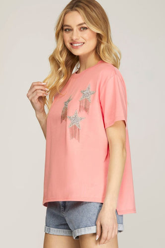 Women’s Sequin Star Fringe Decor Tee – Round Neck Relaxed Fit Casual Top