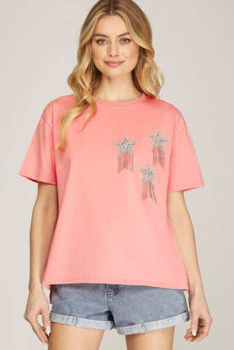 Women’s Sequin Star Fringe Decor Tee – Round Neck Relaxed Fit Casual Top