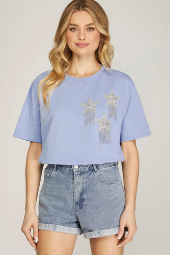 Women’s Sequin Star Fringe Tee – Round Neck Drop-Shoulder Relaxed Fit Top