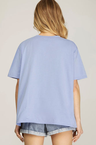 Women’s Sequin Star Fringe Tee – Round Neck Drop-Shoulder Relaxed Fit Top