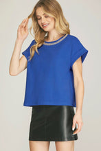 Load image into Gallery viewer, Women’s Embellished Round Neck Short Sleeve Top – Loose Fit Casual Elegant Tee