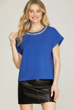 Load image into Gallery viewer, Women’s Embellished Round Neck Short Sleeve Top – Loose Fit Casual Elegant Tee