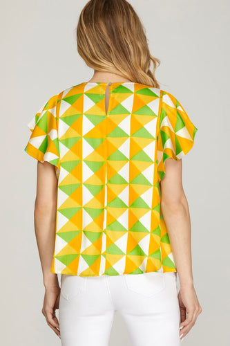 Women’s Geometric Print Flutter Sleeve Blouse – Lightweight Round Neck Casual Top