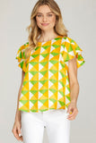 Women’s Geometric Print Flutter Sleeve Blouse – Lightweight Round Neck Casual Top