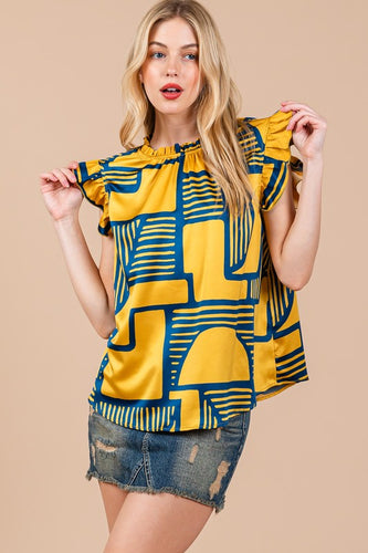 Women’s Geometric Print Ruffle Mock-Neck Blouse – Relaxed Boxy Fit with Flutter Sleeves