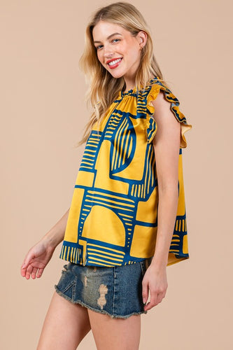 Women’s Geometric Print Ruffle Mock-Neck Blouse – Relaxed Boxy Fit with Flutter Sleeves