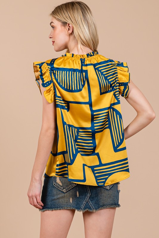 Women’s Geometric Print Ruffle Mock-Neck Blouse – Relaxed Boxy Fit with Flutter Sleeves